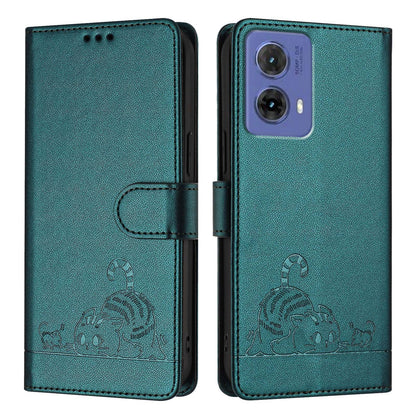 Motorola Moto G85 Leather Phone Case with Cat and Rat Embossed Pattern, RFID Protection, Card Holder Slots, Anti-fall Feature & Lanyard