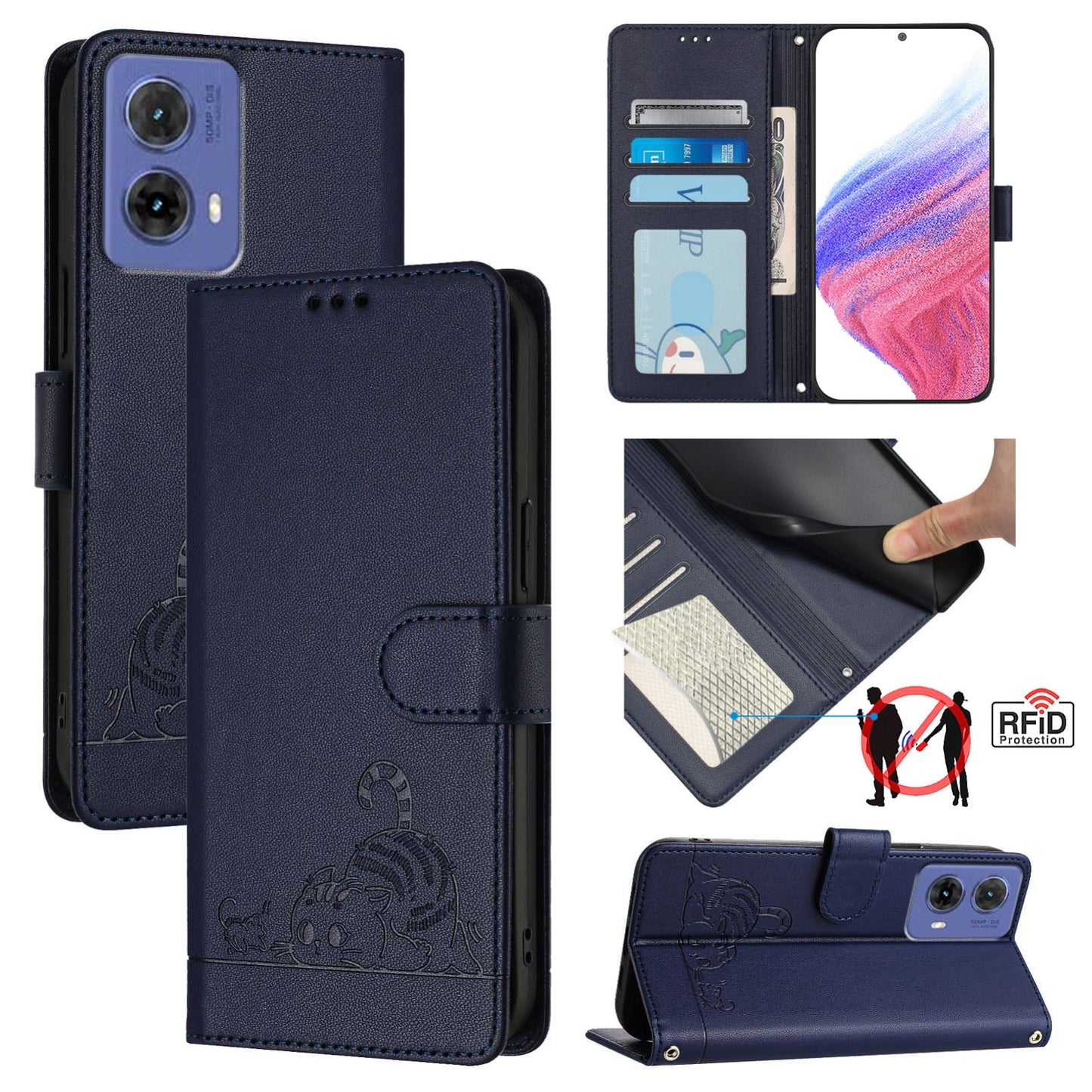 Motorola Moto G85 Leather Phone Case with Cat and Rat Embossed Pattern, RFID Protection, Card Holder Slots, Anti-fall Feature & Lanyard