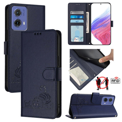 Motorola Moto G85 Leather Phone Case with Cat and Rat Embossed Pattern, RFID Protection, Card Holder Slots, Anti-fall Feature & Lanyard