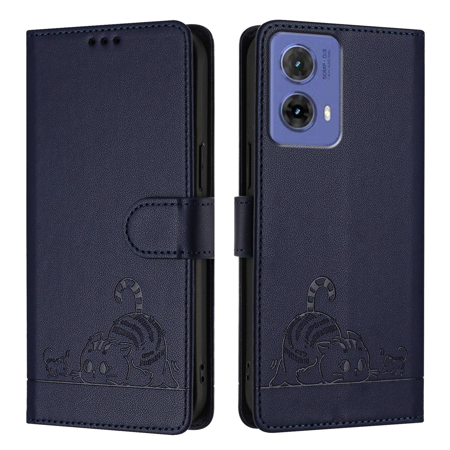Motorola Moto G85 Leather Phone Case with Cat and Rat Embossed Pattern, RFID Protection, Card Holder Slots, Anti-fall Feature & Lanyard
