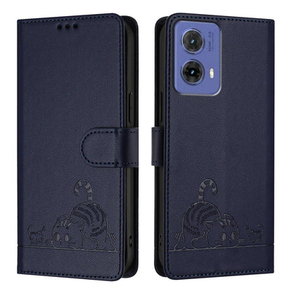 Motorola Moto G85 Leather Phone Case with Cat and Rat Embossed Pattern, RFID Protection, Card Holder Slots, Anti-fall Feature & Lanyard