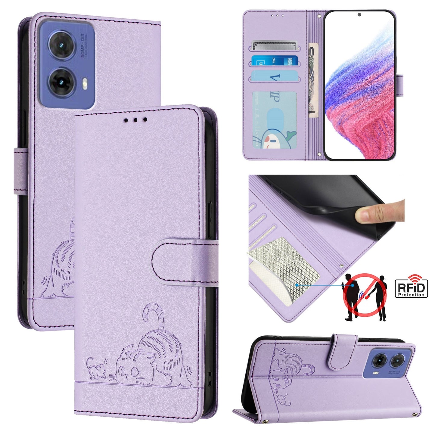 Motorola Moto G85 Leather Phone Case with Cat and Rat Embossed Pattern, RFID Protection, Card Holder Slots, Anti-fall Feature & Lanyard