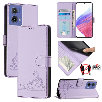 Motorola Moto G85 Leather Phone Case with Cat and Rat Embossed Pattern, RFID Protection, Card Holder Slots, Anti-fall Feature & Lanyard