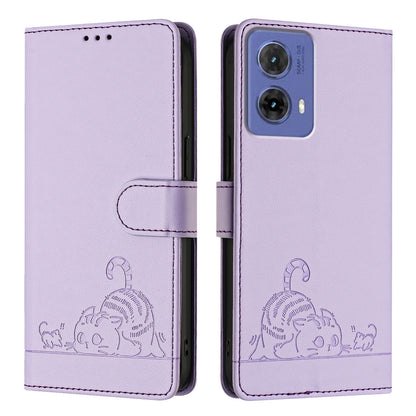 Motorola Moto G85 Leather Phone Case with Cat and Rat Embossed Pattern, RFID Protection, Card Holder Slots, Anti-fall Feature & Lanyard