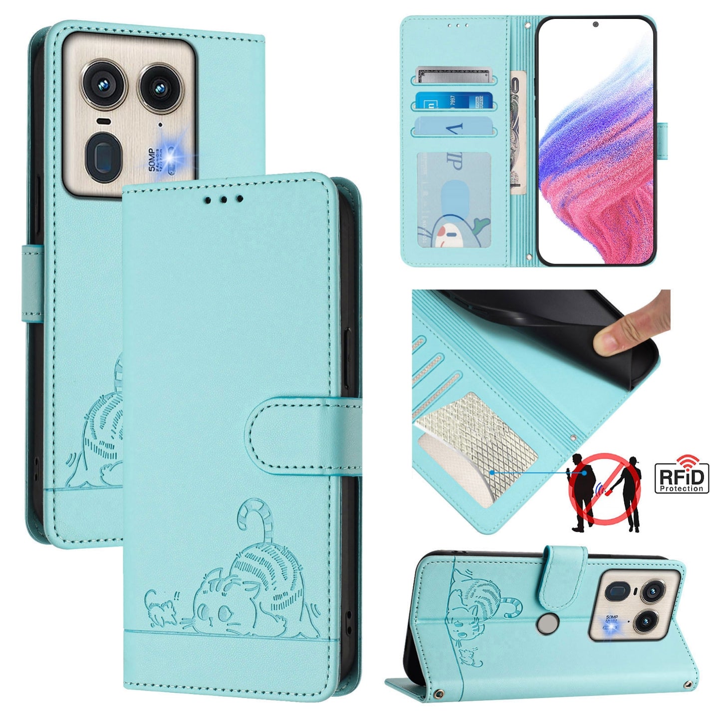 Motorola Edge 5G Global Leather Phone Case with Cat and Rat Embossed Pattern, RFID Protection, Card Holder Slots, Anti-fall Feature & Lanyard