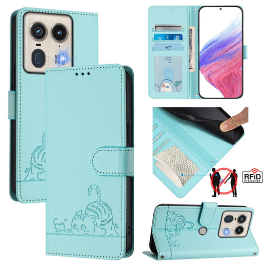 Motorola Edge 5G Global Leather Phone Case with Cat and Rat Embossed Pattern, RFID Protection, Card Holder Slots, Anti-fall Feature & Lanyard