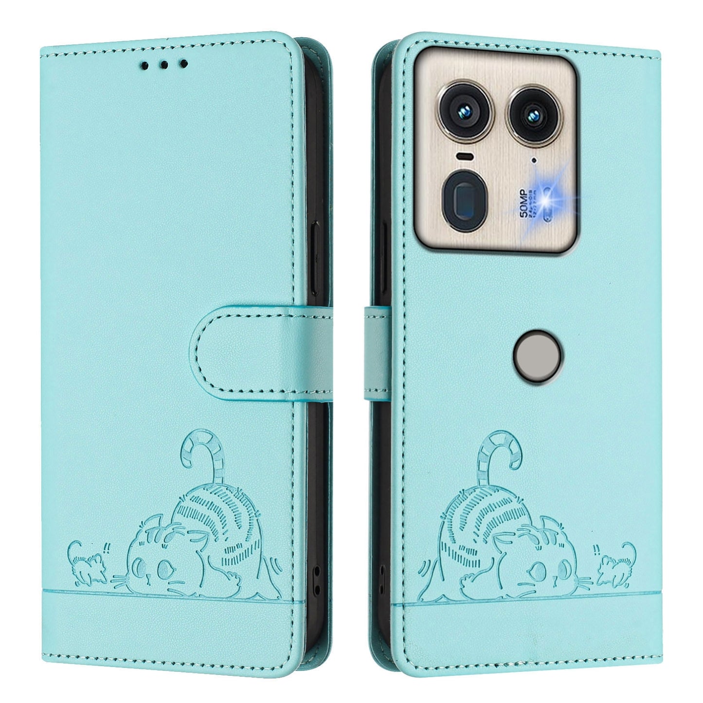 Motorola Edge 5G Global Leather Phone Case with Cat and Rat Embossed Pattern, RFID Protection, Card Holder Slots, Anti-fall Feature & Lanyard