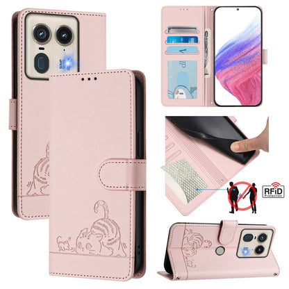 Motorola Edge 5G Global Leather Phone Case with Cat and Rat Embossed Pattern, RFID Protection, Card Holder Slots, Anti-fall Feature & Lanyard