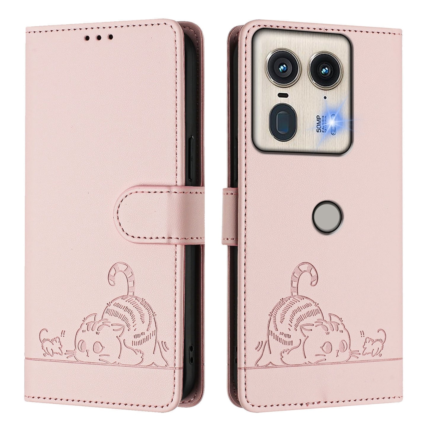 Motorola Edge 5G Global Leather Phone Case with Cat and Rat Embossed Pattern, RFID Protection, Card Holder Slots, Anti-fall Feature & Lanyard