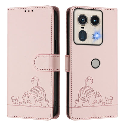 Motorola Edge 5G Global Leather Phone Case with Cat and Rat Embossed Pattern, RFID Protection, Card Holder Slots, Anti-fall Feature & Lanyard