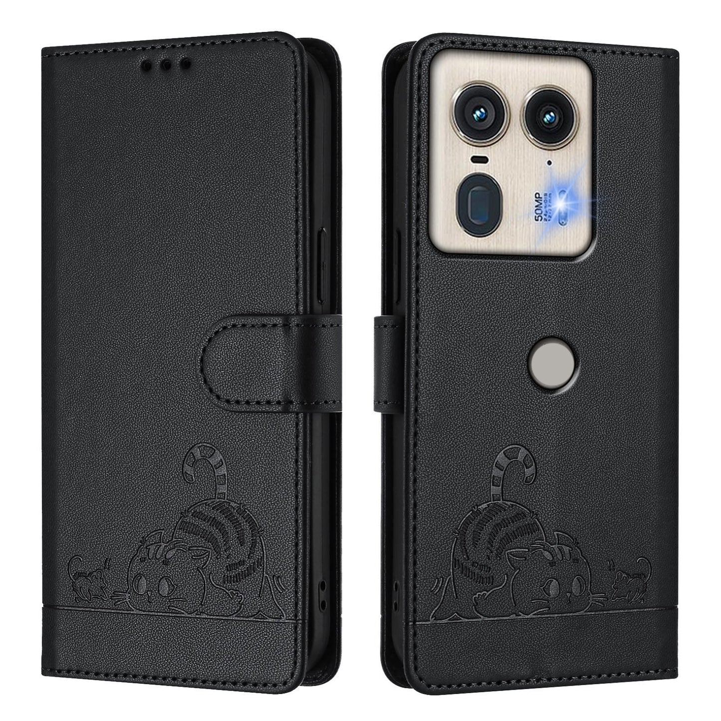 Motorola Edge 5G Global Leather Phone Case with Cat and Rat Embossed Pattern, RFID Protection, Card Holder Slots, Anti-fall Feature & Lanyard