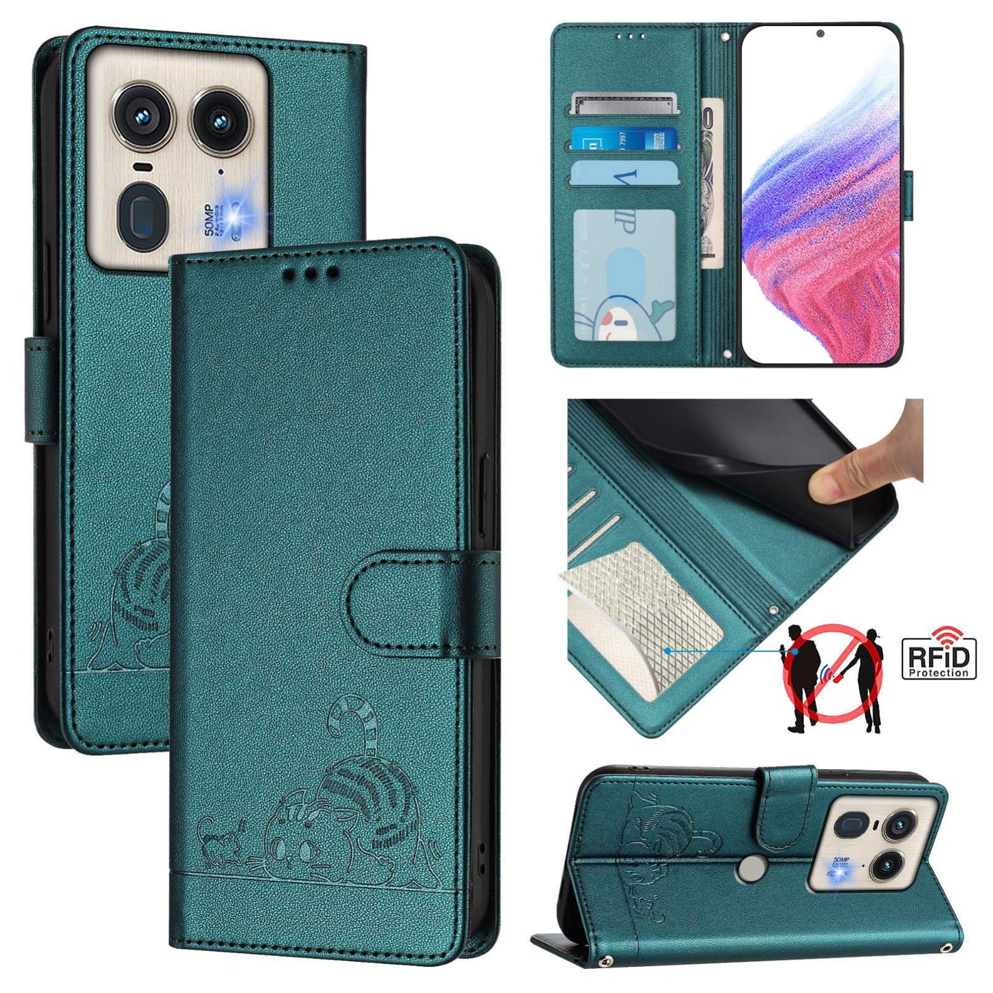 Motorola Edge 5G Global Leather Phone Case with Cat and Rat Embossed Pattern, RFID Protection, Card Holder Slots, Anti-fall Feature & Lanyard