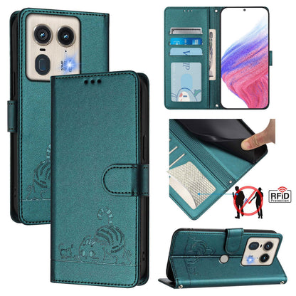 Motorola Edge 5G Global Leather Phone Case with Cat and Rat Embossed Pattern, RFID Protection, Card Holder Slots, Anti-fall Feature & Lanyard