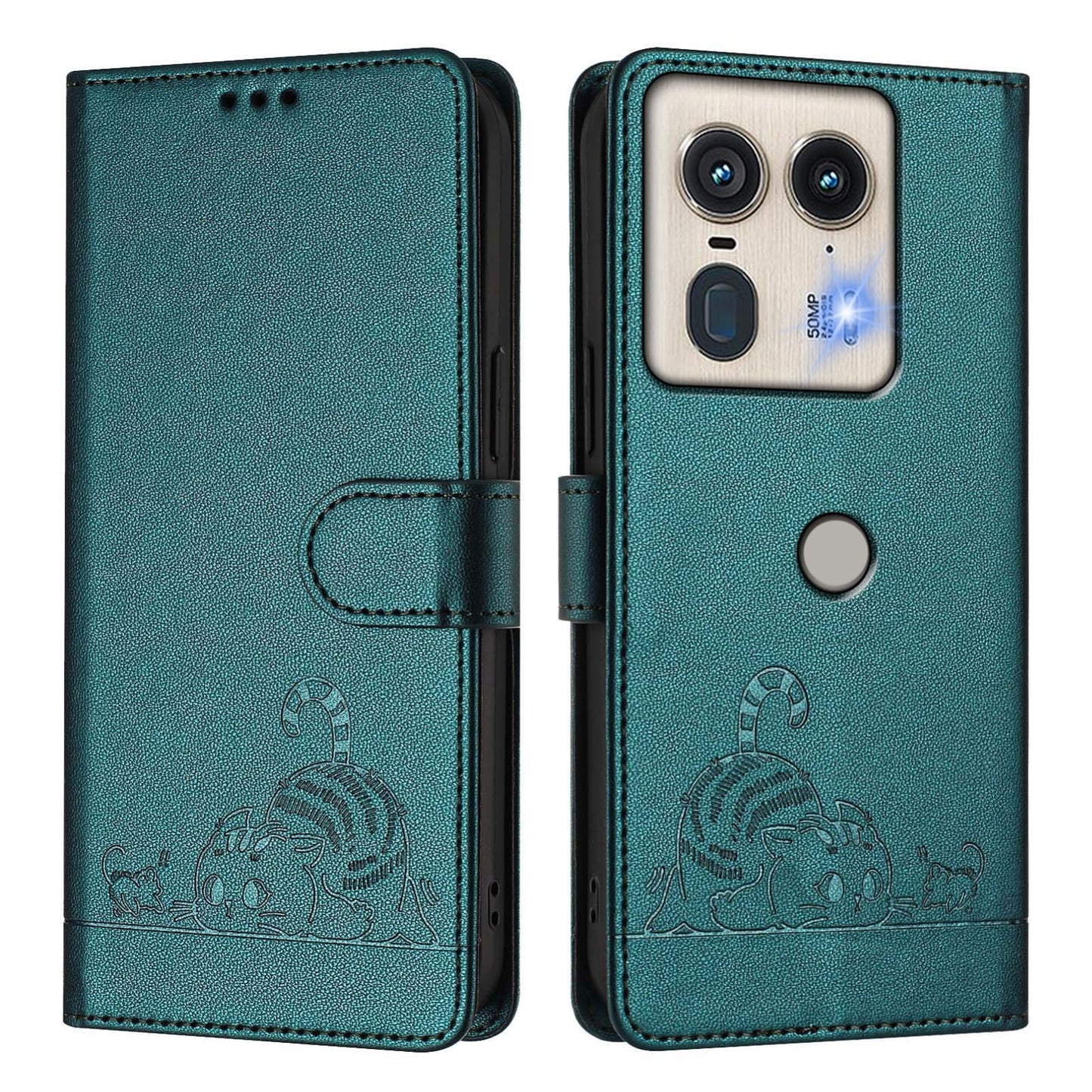 Motorola Edge 5G Global Leather Phone Case with Cat and Rat Embossed Pattern, RFID Protection, Card Holder Slots, Anti-fall Feature & Lanyard