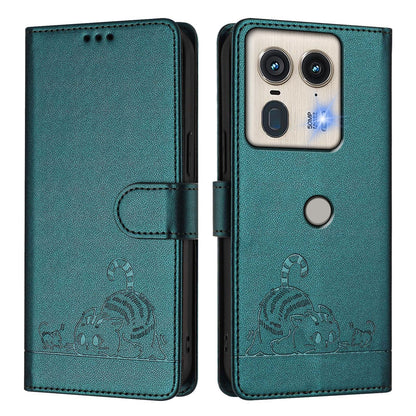 Motorola Edge 5G Global Leather Phone Case with Cat and Rat Embossed Pattern, RFID Protection, Card Holder Slots, Anti-fall Feature & Lanyard