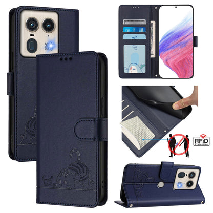 Motorola Edge 5G Global Leather Phone Case with Cat and Rat Embossed Pattern, RFID Protection, Card Holder Slots, Anti-fall Feature & Lanyard