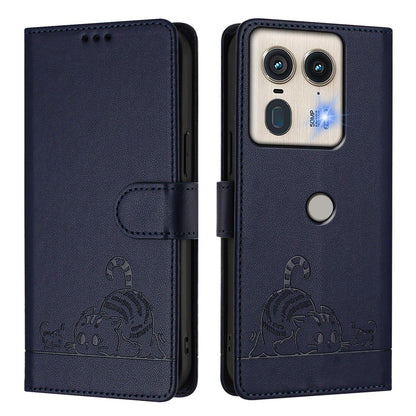 Motorola Edge 5G Global Leather Phone Case with Cat and Rat Embossed Pattern, RFID Protection, Card Holder Slots, Anti-fall Feature & Lanyard