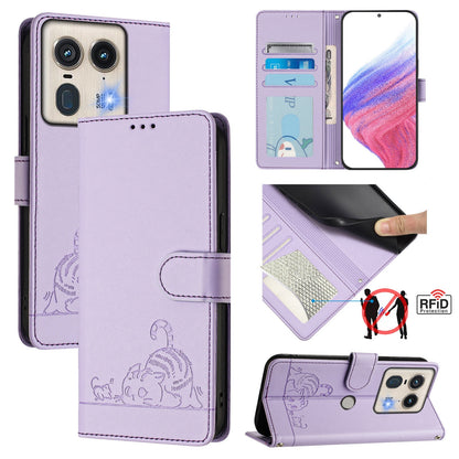 Motorola Edge 5G Global Leather Phone Case with Cat and Rat Embossed Pattern, RFID Protection, Card Holder Slots, Anti-fall Feature & Lanyard