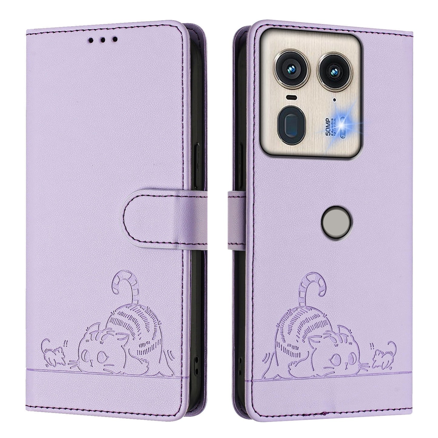 Motorola Edge 5G Global Leather Phone Case with Cat and Rat Embossed Pattern, RFID Protection, Card Holder Slots, Anti-fall Feature & Lanyard