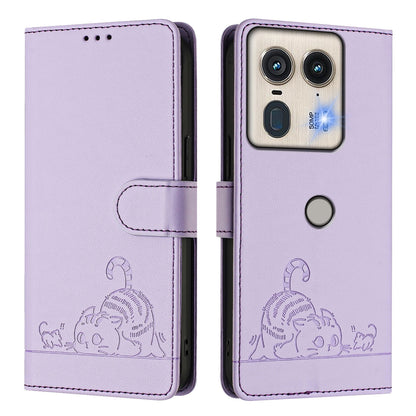 Motorola Edge 5G Global Leather Phone Case with Cat and Rat Embossed Pattern, RFID Protection, Card Holder Slots, Anti-fall Feature & Lanyard