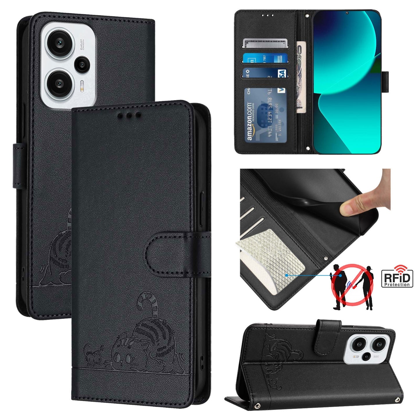Xiaomi POCO F5 Leather Phone Case with Cat and Rat Embossed Pattern, RFID Protection, Card Holder Slots, Anti-fall Feature & Lanyard