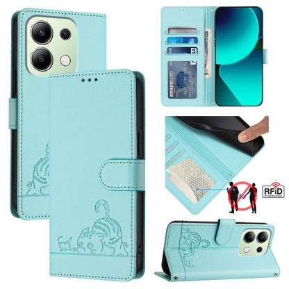Xiaomi Redmi Note 13 4G Global Leather Phone Case with Cat and Rat Embossed Pattern, RFID Protection, Card Holder Slots, Anti-fall Feature & Lanyard