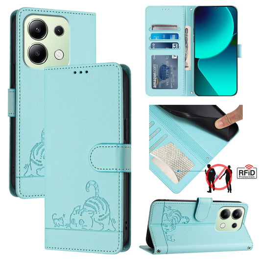 Xiaomi Redmi Note 13 4G Global Leather Phone Case with Cat and Rat Embossed Pattern, RFID Protection, Card Holder Slots, Anti-fall Feature & Lanyard