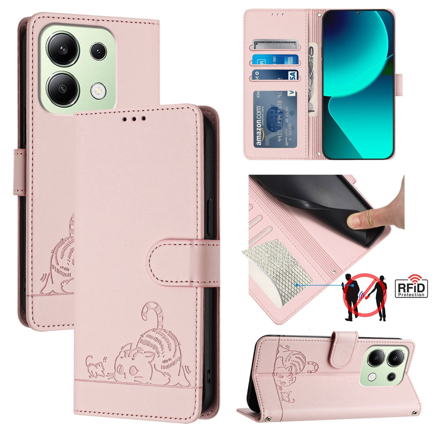 Xiaomi Redmi Note 13 4G Global Leather Phone Case with Cat and Rat Embossed Pattern, RFID Protection, Card Holder Slots, Anti-fall Feature & Lanyard