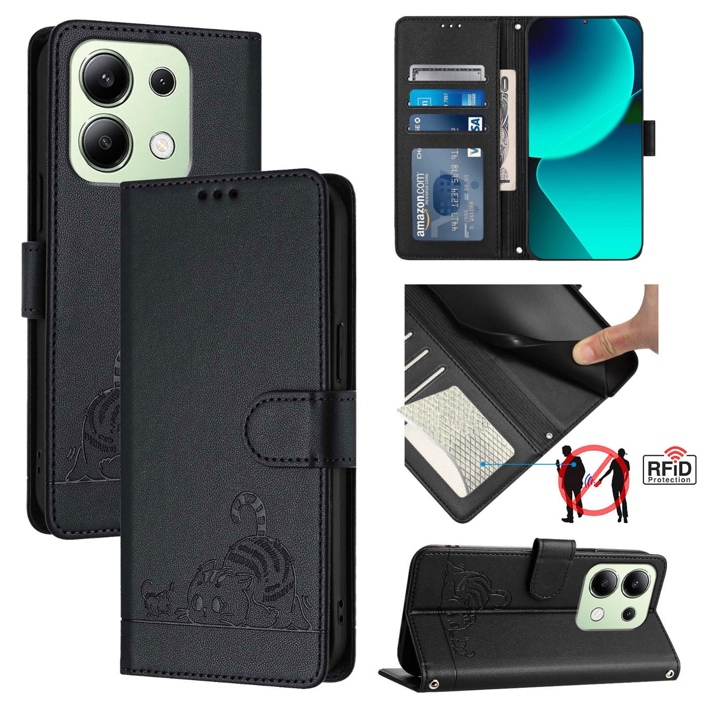 Xiaomi Redmi Note 13 4G Global Leather Phone Case with Cat and Rat Embossed Pattern, RFID Protection, Card Holder Slots, Anti-fall Feature & Lanyard