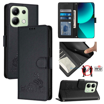 Xiaomi Redmi Note 13 4G Global Leather Phone Case with Cat and Rat Embossed Pattern, RFID Protection, Card Holder Slots, Anti-fall Feature & Lanyard