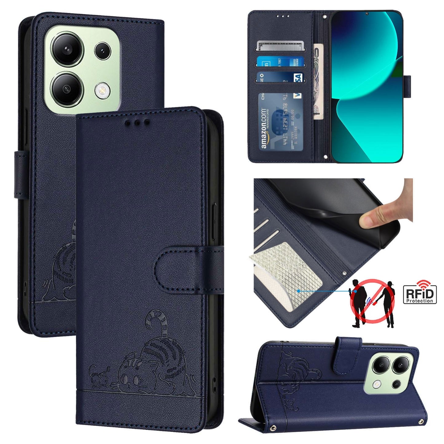 Xiaomi Redmi Note 13 4G Global Leather Phone Case with Cat and Rat Embossed Pattern, RFID Protection, Card Holder Slots, Anti-fall Feature & Lanyard
