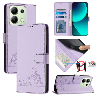 Xiaomi Redmi Note 13 4G Global Leather Phone Case with Cat and Rat Embossed Pattern, RFID Protection, Card Holder Slots, Anti-fall Feature & Lanyard
