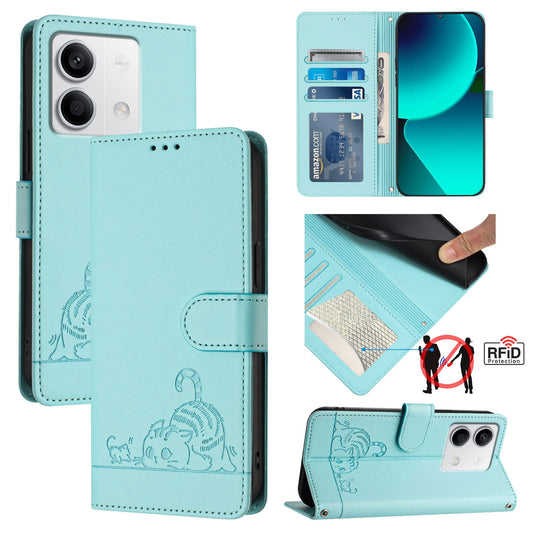 Xiaomi Redmi Note 13 5G Global Leather Phone Case with Cat and Rat Embossed Pattern, RFID Protection, Card Holder Slots, Anti-fall Feature & Lanyard