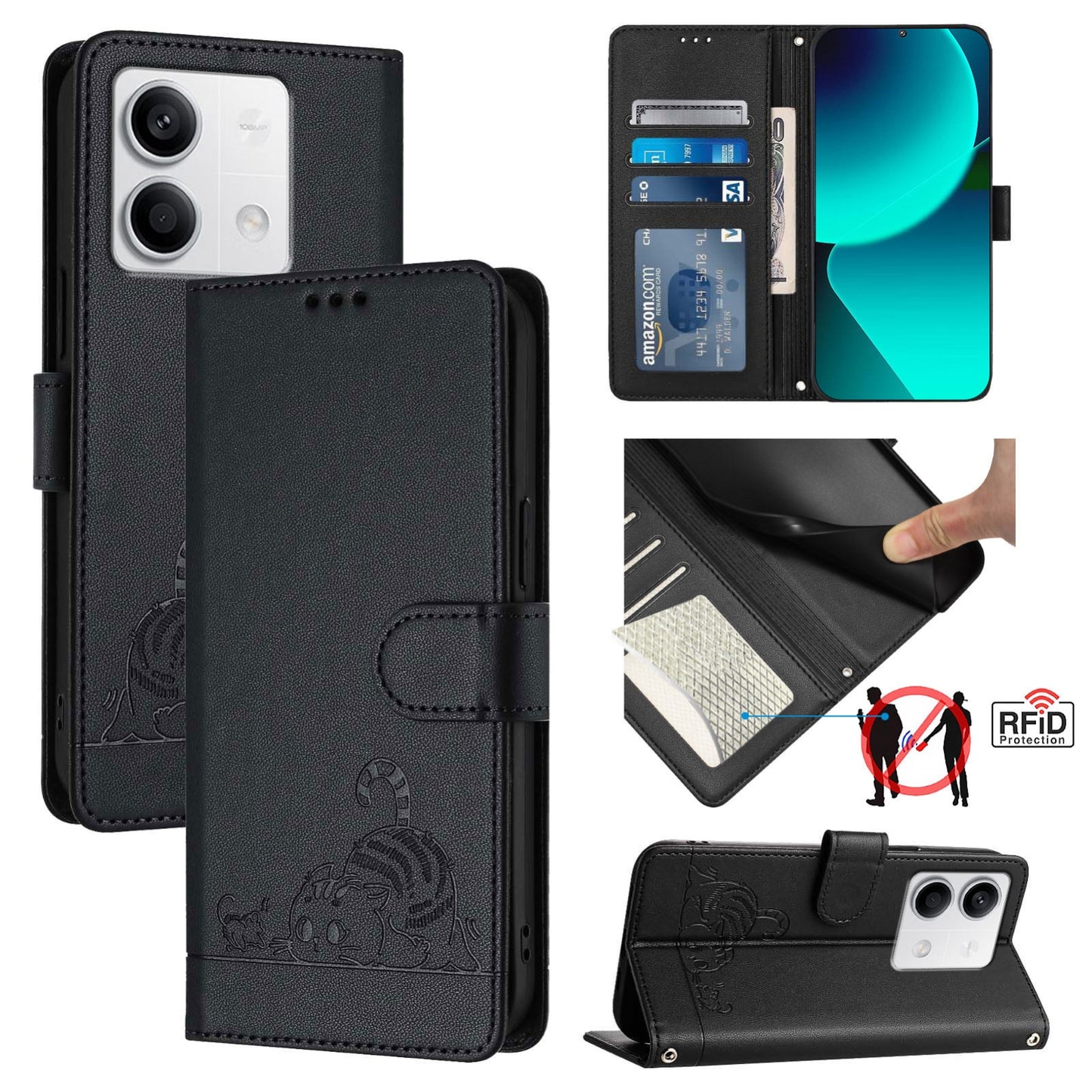 Xiaomi Redmi Note 13 5G Global Leather Phone Case with Cat and Rat Embossed Pattern, RFID Protection, Card Holder Slots, Anti-fall Feature & Lanyard