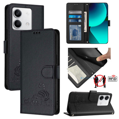Xiaomi Redmi Note 13 5G Global Leather Phone Case with Cat and Rat Embossed Pattern, RFID Protection, Card Holder Slots, Anti-fall Feature & Lanyard