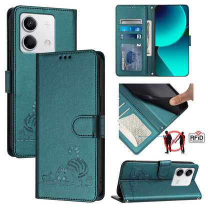Xiaomi Redmi Note 13 5G Global Leather Phone Case with Cat and Rat Embossed Pattern, RFID Protection, Card Holder Slots, Anti-fall Feature & Lanyard