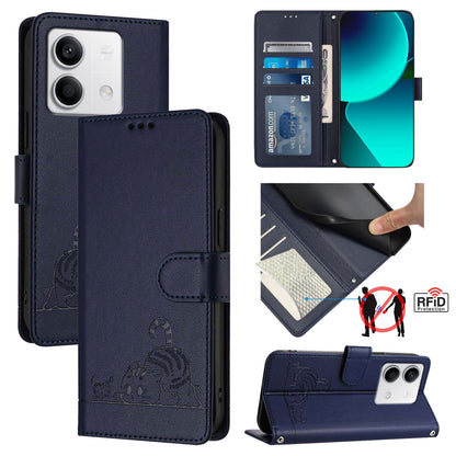 Xiaomi Redmi Note 13 5G Global Leather Phone Case with Cat and Rat Embossed Pattern, RFID Protection, Card Holder Slots, Anti-fall Feature & Lanyard