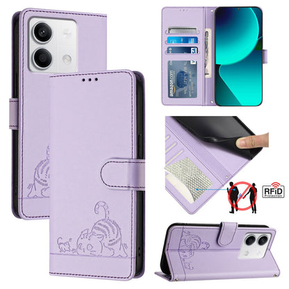 Xiaomi Redmi Note 13 5G Global Leather Phone Case with Cat and Rat Embossed Pattern, RFID Protection, Card Holder Slots, Anti-fall Feature & Lanyard