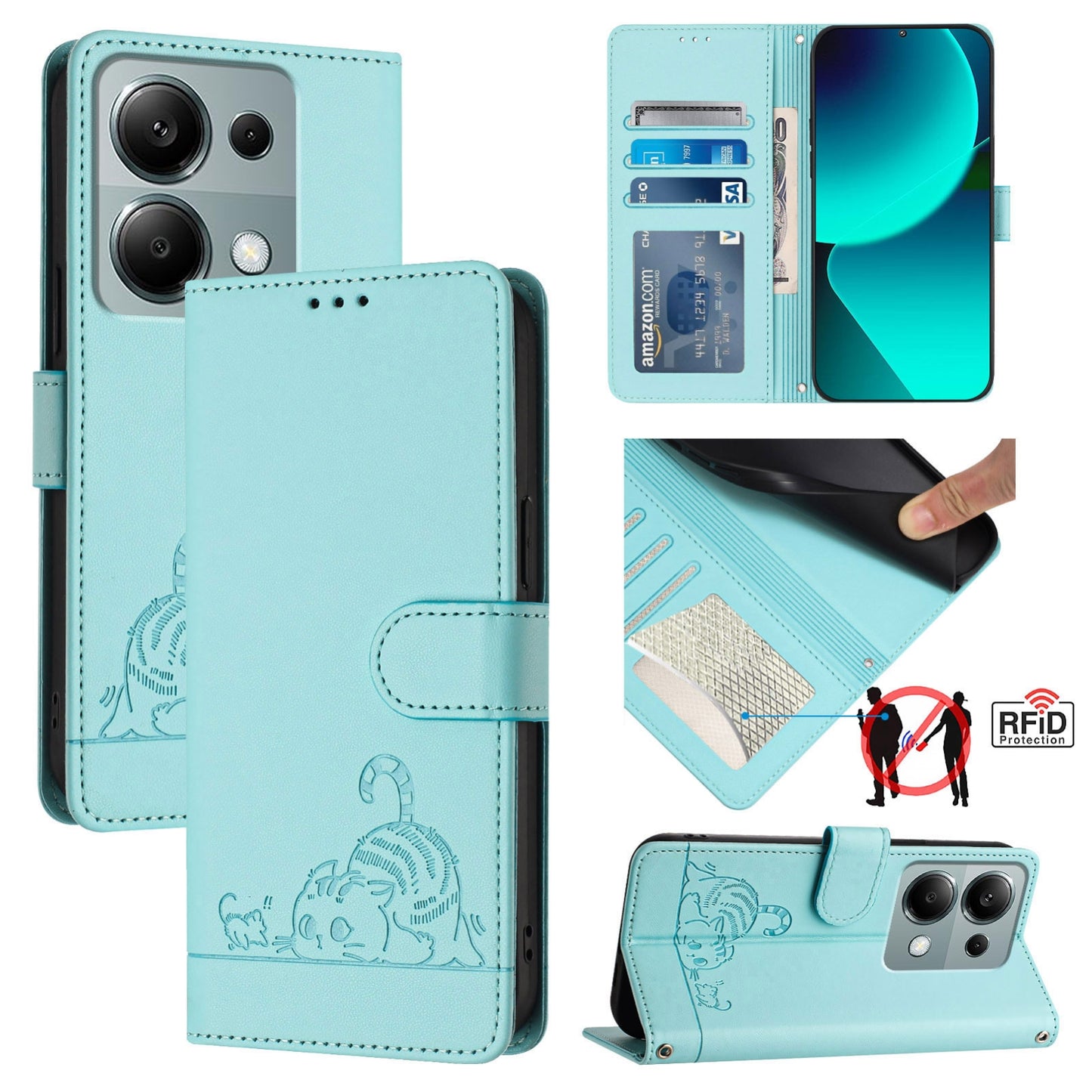Xiaomi Redmi Note 13 Pro 4G Global Leather Phone Case with Cat and Rat Embossed Pattern, RFID Protection, Card Holder Slots, Anti-fall Feature & Lanyard