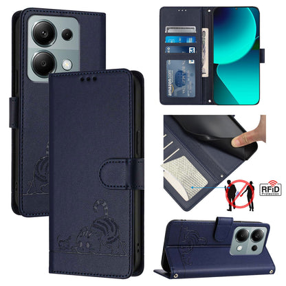 Xiaomi Redmi Note 13 Pro 4G Global Leather Phone Case with Cat and Rat Embossed Pattern, RFID Protection, Card Holder Slots, Anti-fall Feature & Lanyard