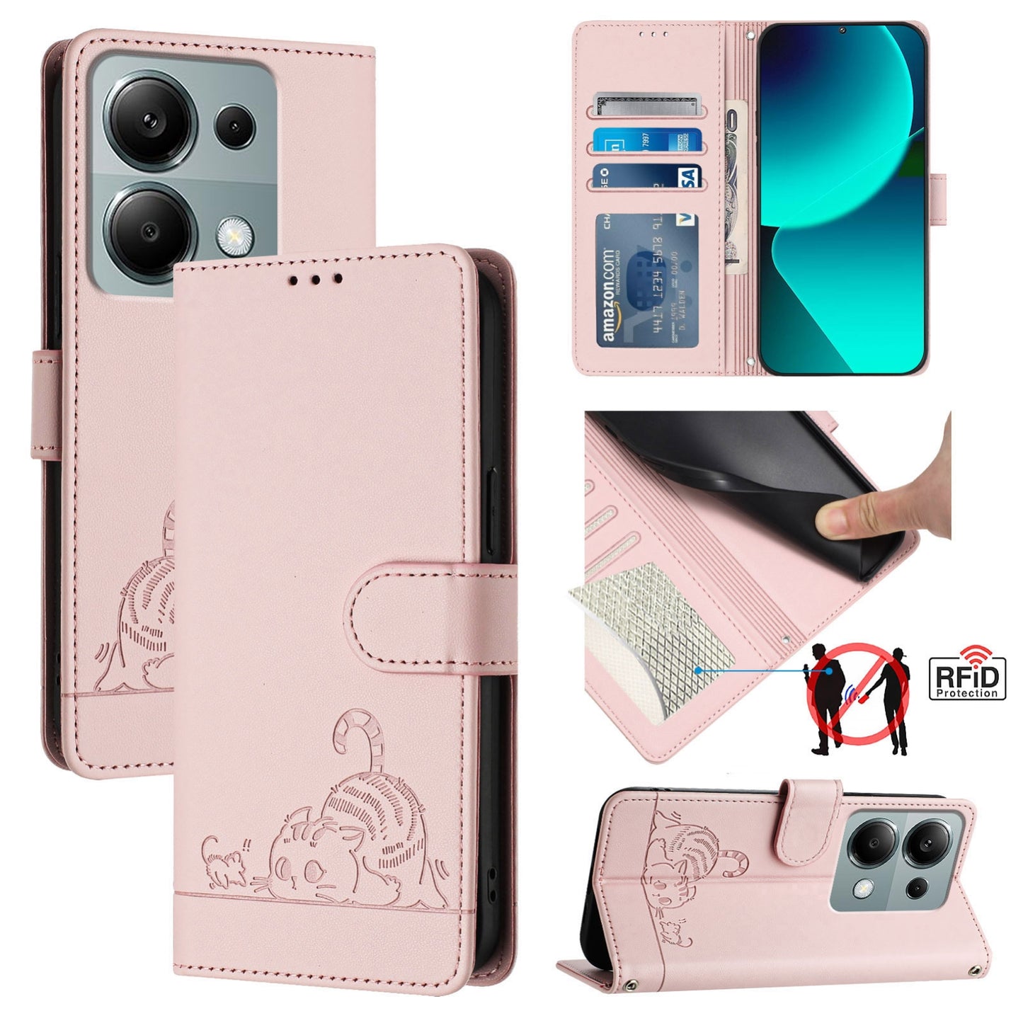 Xiaomi POCO M6 Pro 4G Leather Phone Case with Cat and Rat Embossed Pattern, RFID Protection, Card Holder Slots, Anti-fall Feature & Lanyard