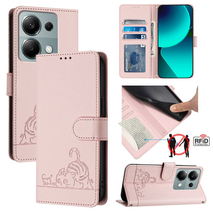 Xiaomi POCO M6 Pro 4G Leather Phone Case with Cat and Rat Embossed Pattern, RFID Protection, Card Holder Slots, Anti-fall Feature & Lanyard