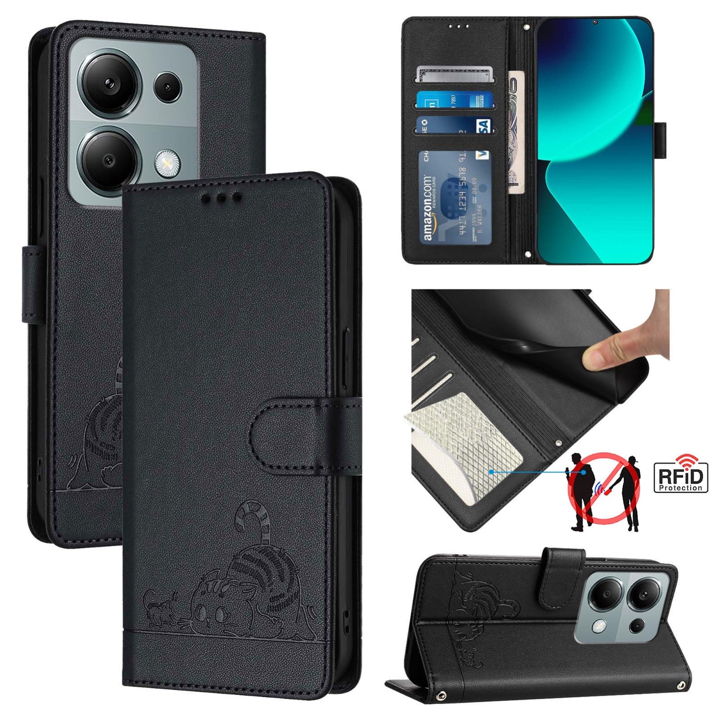 Xiaomi POCO M6 Pro 4G Leather Phone Case with Cat and Rat Embossed Pattern, RFID Protection, Card Holder Slots, Anti-fall Feature & Lanyard