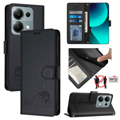 Xiaomi POCO M6 Pro 4G Leather Phone Case with Cat and Rat Embossed Pattern, RFID Protection, Card Holder Slots, Anti-fall Feature & Lanyard
