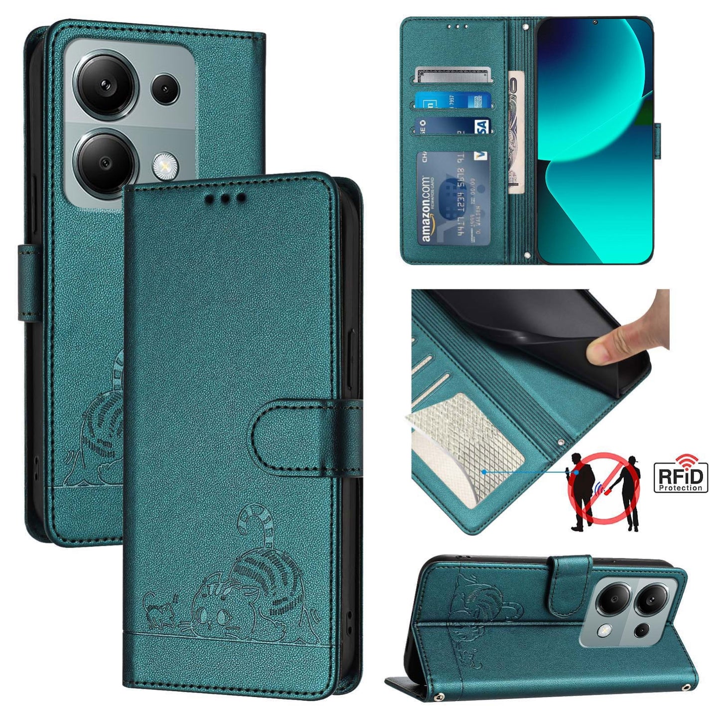 Xiaomi POCO M6 Pro 4G Leather Phone Case with Cat and Rat Embossed Pattern, RFID Protection, Card Holder Slots, Anti-fall Feature & Lanyard