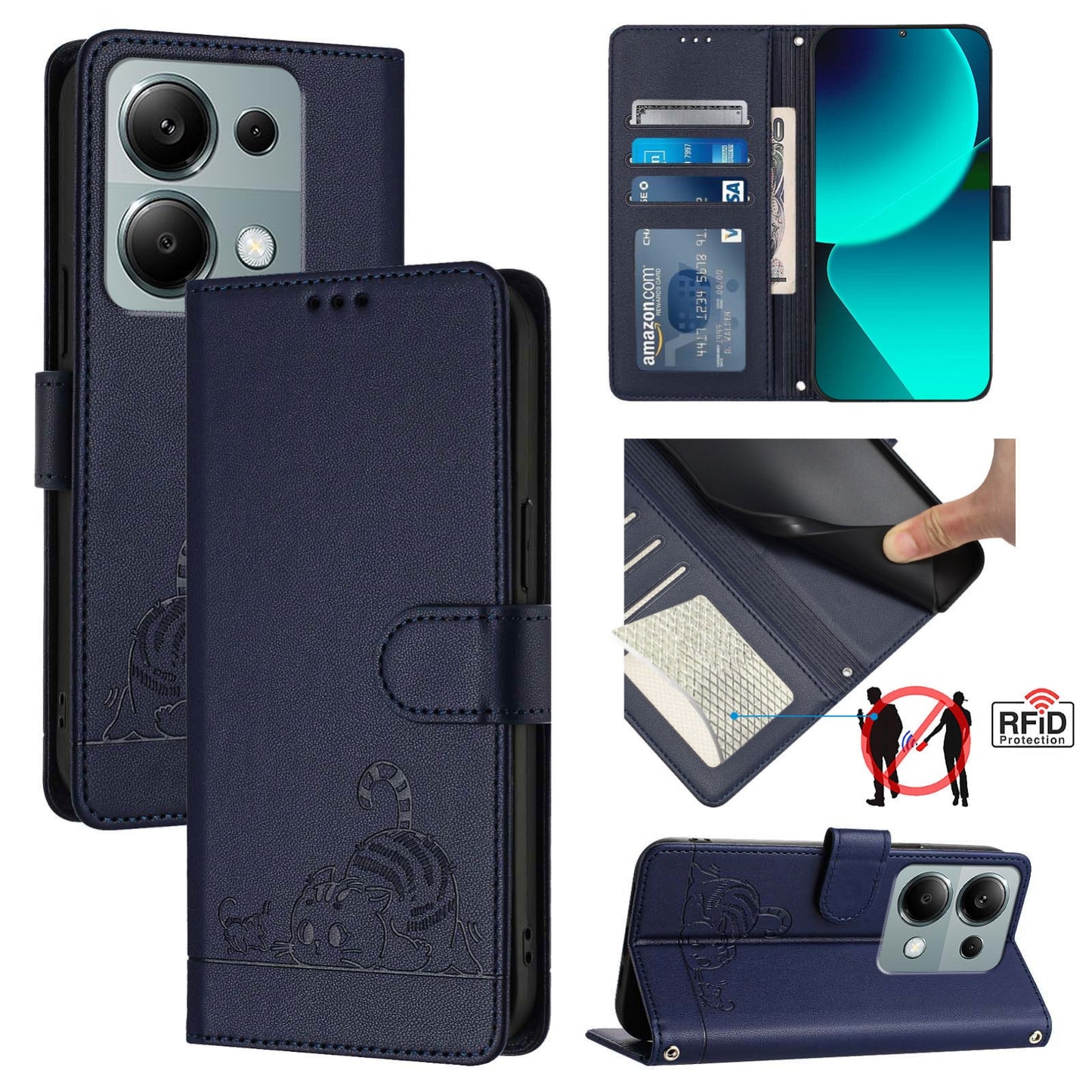 Xiaomi POCO M6 Pro 4G Leather Phone Case with Cat and Rat Embossed Pattern, RFID Protection, Card Holder Slots, Anti-fall Feature & Lanyard