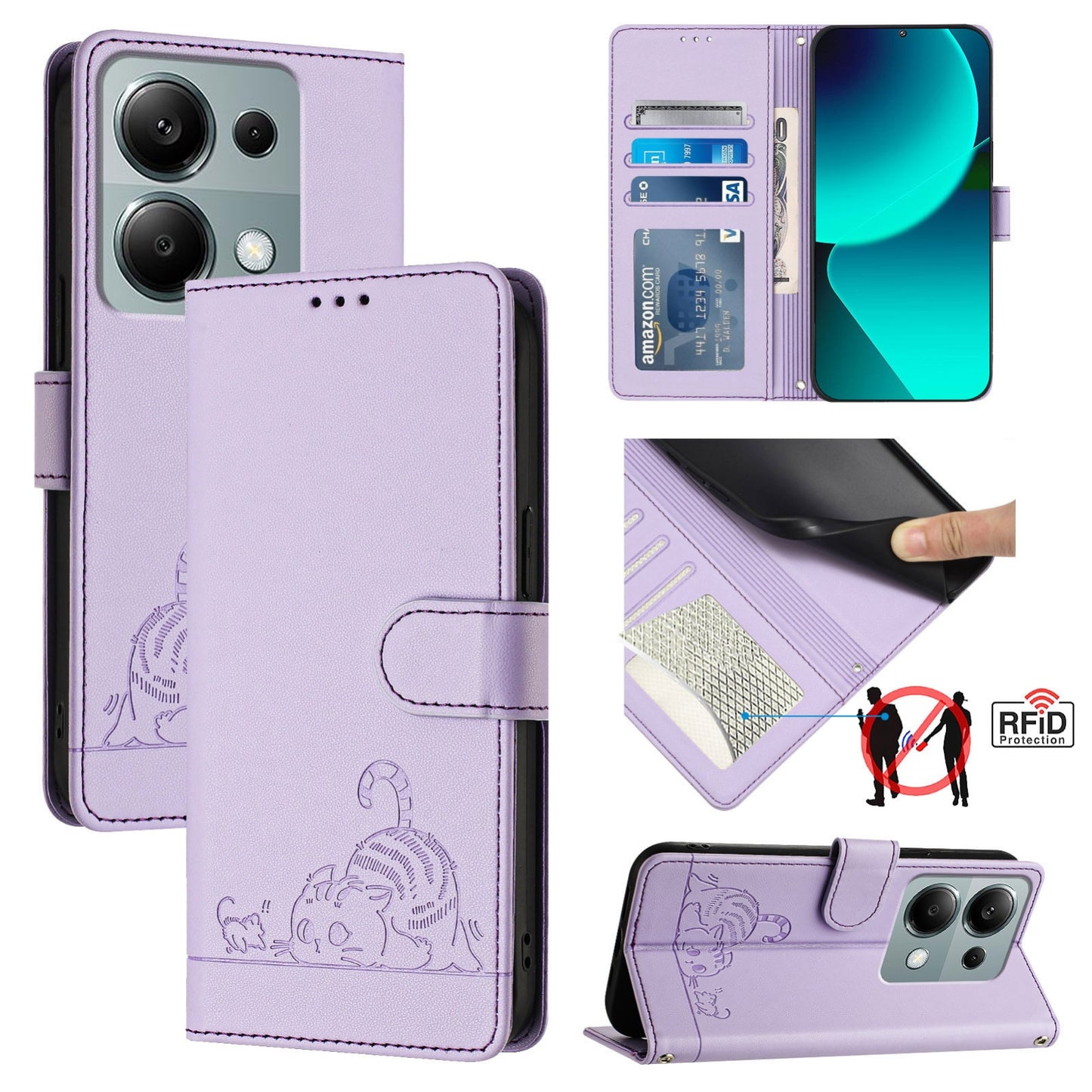 Xiaomi POCO M6 Pro 4G Leather Phone Case with Cat and Rat Embossed Pattern, RFID Protection, Card Holder Slots, Anti-fall Feature & Lanyard