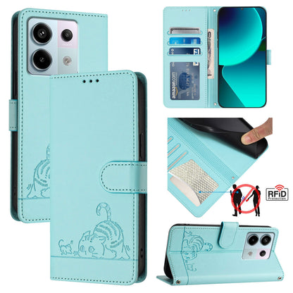 Xiaomi Redmi Note 13 Pro 5G Global Leather Phone Case with Cat and Rat Embossed Pattern, RFID Protection, Card Holder Slots, Anti-fall Feature & Lanyard