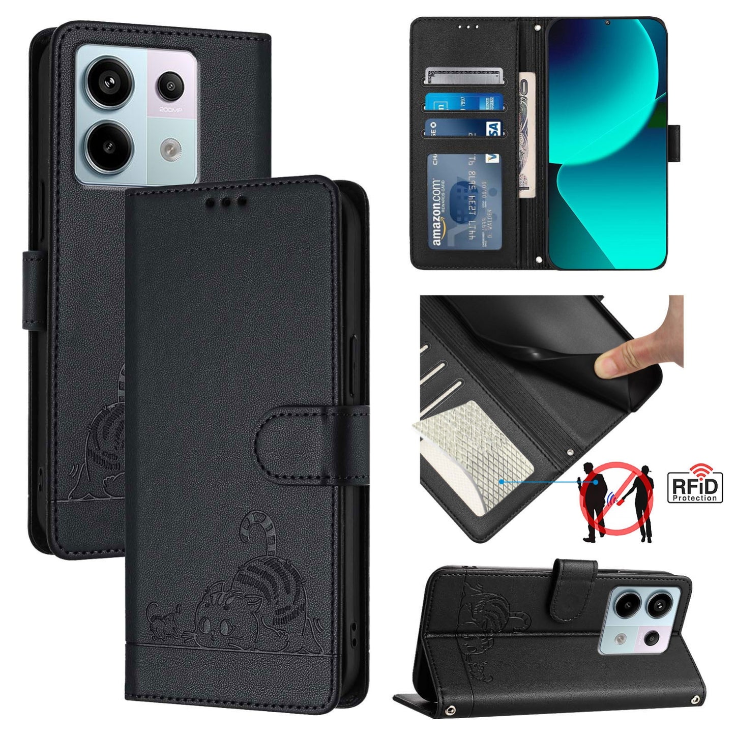 Xiaomi Redmi Note 13 Pro 5G Global Leather Phone Case with Cat and Rat Embossed Pattern, RFID Protection, Card Holder Slots, Anti-fall Feature & Lanyard