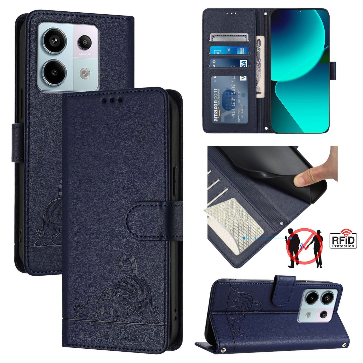 Xiaomi Redmi Note 13 Pro 5G Global Leather Phone Case with Cat and Rat Embossed Pattern, RFID Protection, Card Holder Slots, Anti-fall Feature & Lanyard